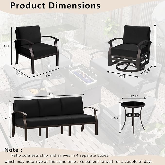 Patio Furniture Set 6-Piece Aluminum Armrest Sofa, All-Weather Patio Conversation Set with Tempered Glass Top Table & Removable Sponge Cushions for Backyard Poolside