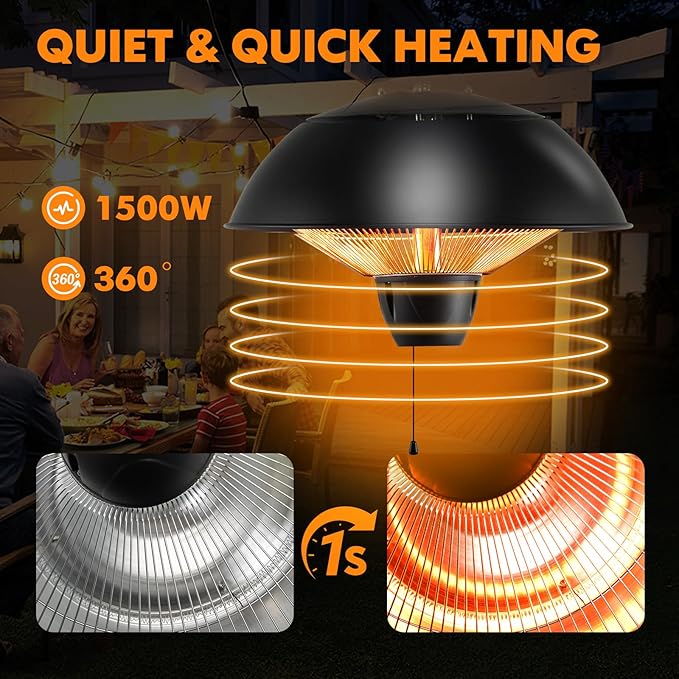Tangkula 1500W Hanging Patio Heater, Electric Ceiling Mounted with Adjustable Chain Length & Pull Switch, Indoor Outdoor Waterproof Outdoor Heater for Garage, Balcony, Courtyard