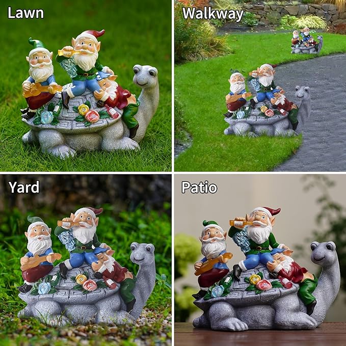 Solar Garden Outdoor Statues Gnome Turtle Three Gnomes Having Party on Turtle with 7 LED Lawn Decor Outside Decorations for Patio, Balcony, Yard Ornament Unique Garden Gift