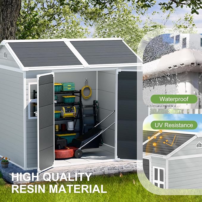 8x6x7 FT Resin Storage Shed, Waterproof Outdoor Sheds w/Floor Included, 2 Windows, Double Lockable Doors & Vents,Outside Plastic Tool Sheds for Garden, Lawn, Backyard, Poolside - Image 5