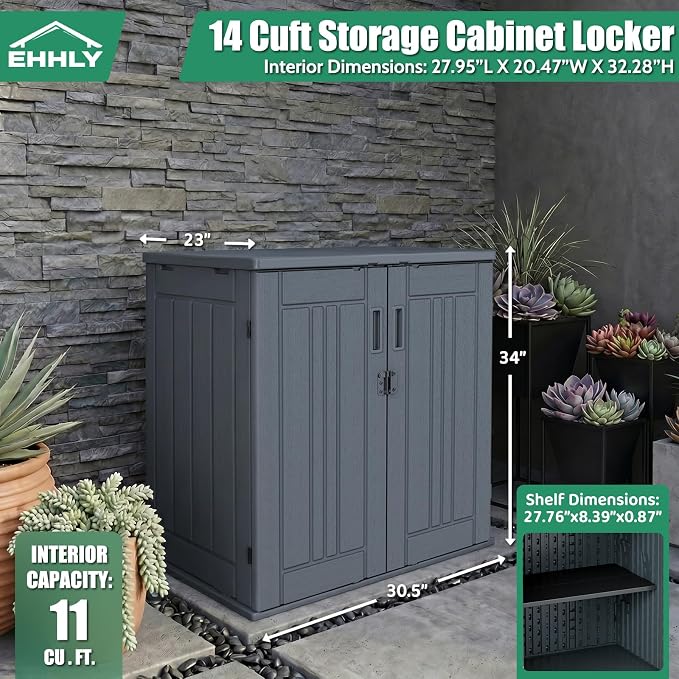 EHHLY Heavy Duty Small Storage Cabinet Outdoor Weatherproof, 14 Cuft Garage Storage Cabinet with 2 Adjustable Shelves, Lockable Kitchen Pantry Closer Organizer, 31Wx23Lx34H, Sage Grey - Image 2