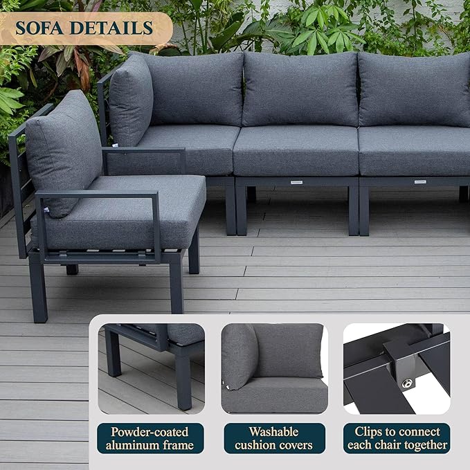 LeisureMod Outdoor Patio 7-Piece Conversation Set, Aluminum Sectional & Black Cushions with Coffee Table