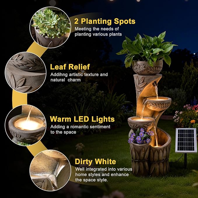 35.6" Solar Outdoor Water Fountain - Relief Leaf Design 4 Tiers Modern Cascading Bowls and Garden Fountains with Lights for Patio, Deck, Porch, Lawns, Backyard and Home Art Decor
