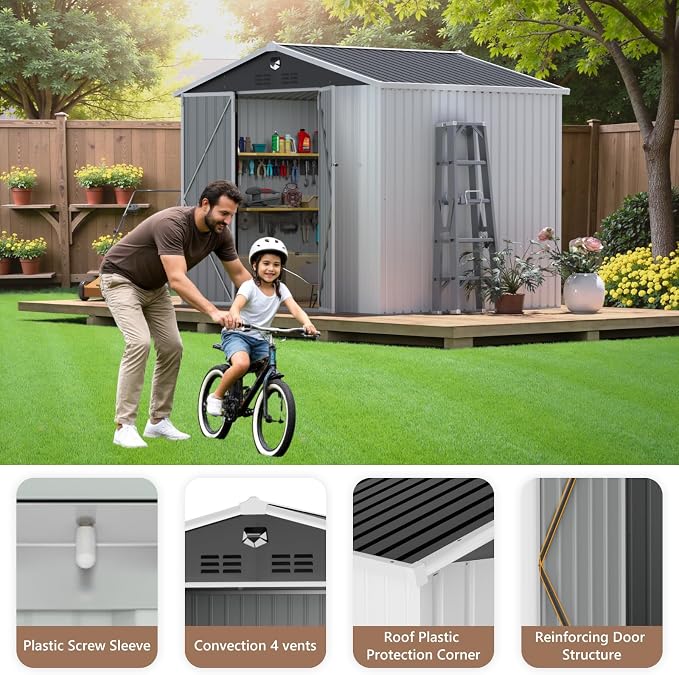 10X8 FT Outdoor Storage Shed, Metal Garden Shed - Tool Storage Sheds with Lockable Doors, Waterproof Outside Storage Building for Backyard, Patio (White; Floor Not Included) - Image 8
