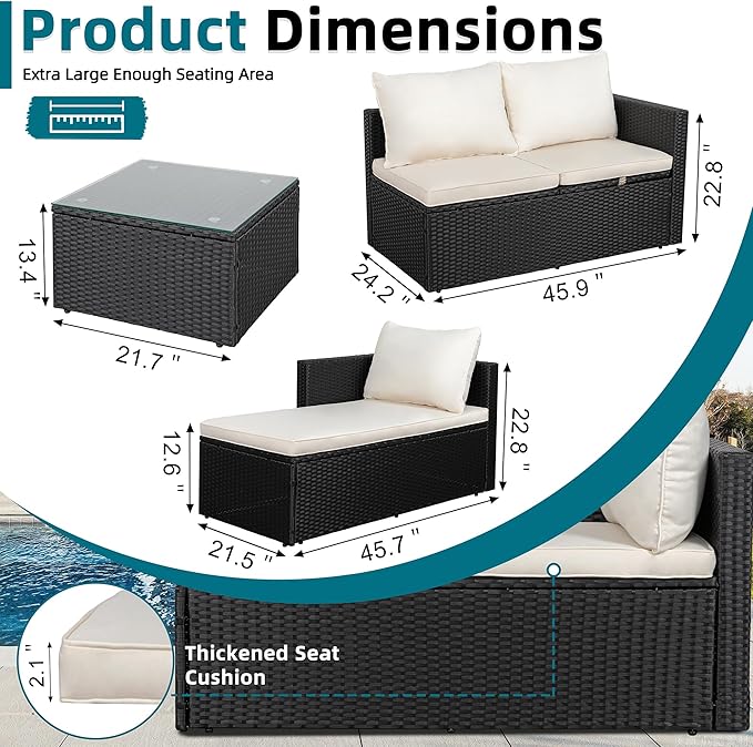 SUNLEI 3-Piece Patio Sectional Sofa, Patio Furniture Set with Detachable Soft Cushions, Outdoor PE Rattan Patio Conversation Sofa Set with Glass Coffee Table & Ottoman, Black Rattan/White