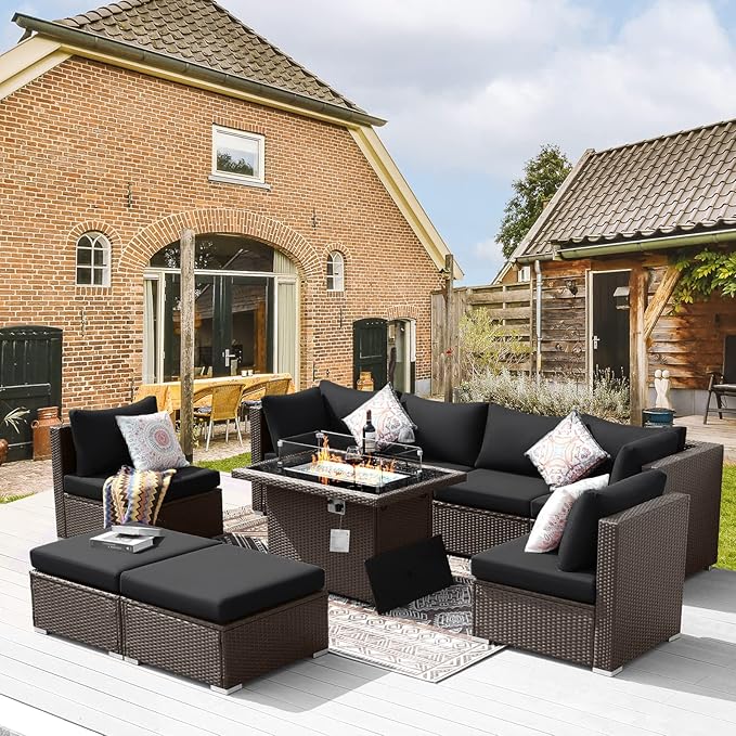 BULEXYARD 9 Piece Highback Patio Furniture Set with Fire Pit Table, Modern Modular Outdoor Sectional Couch Sofa with Ottoman, 8-Person Backyard Seating for Outside, Deck, Brown Wicker & Black Cushion