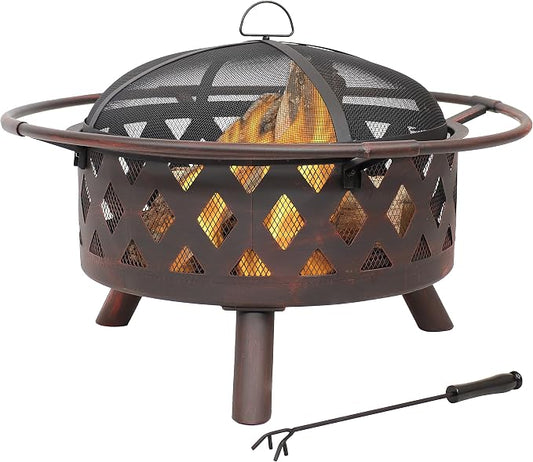 Sunnydaze Crossweave Outdoor Fire Pit - Wood-Burning Fire Pit for Outside with Spark Screen, Poker and Round Cover - 30-Inch - Bronze by SunnydazeDecor