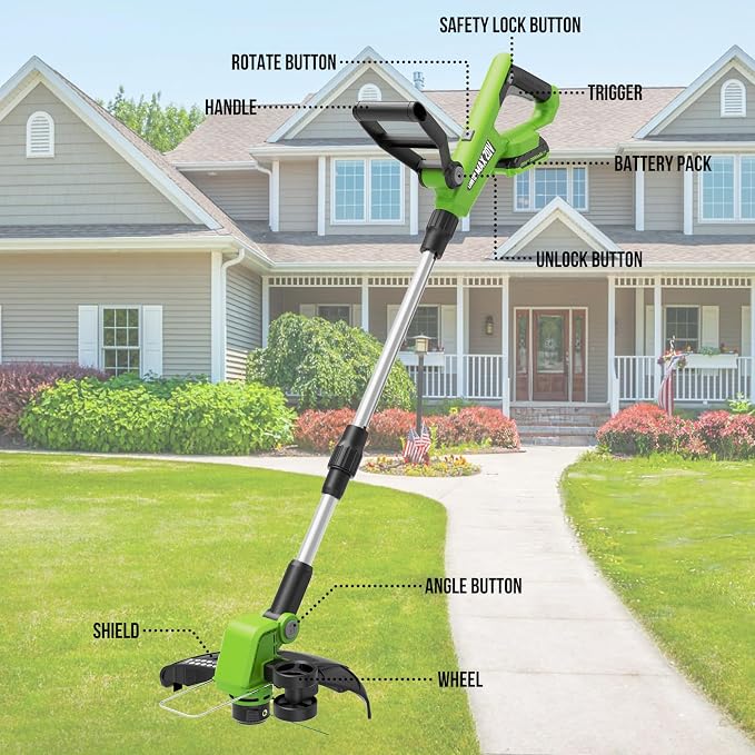VARSK 12 Inch 20V Cordless Weed Wacker with Automatic Line Feed, 2 in 1 String Trimmer and Edger, Includes 2 X 2.0Ah Batteries/1 X Charger/6 X Replacement Spools, Weed Eater for Lawn, Garden, etc - Image 7
