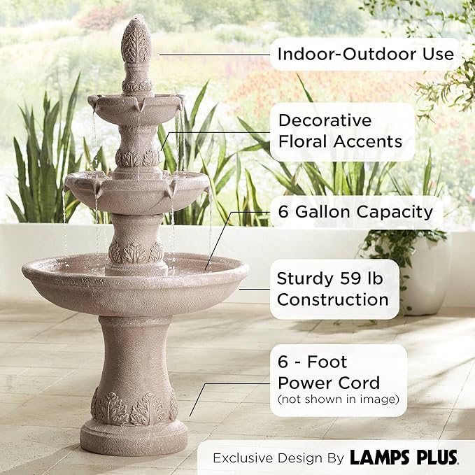 Domanico 57" High Large Italian Indoor Outdoor Decor Sand Stone Floor Fountain Waterfall 3-Tier Standing Basin Cascading Water Feature for Outside Garden Patio Yard Backyard Porch - John Timberland