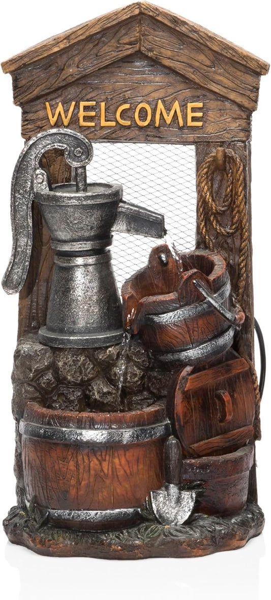 Alpine Corporation ZEN576S Outdoor Rustic Design Water Pump and Barrel Floor Fountain - Welcome Sign, 24 Inch Tall, Brown