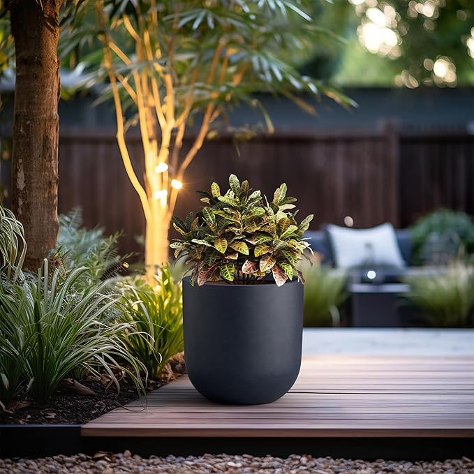 Kante 16.5" Round Concrete Planter, Large Cylinder Plant Pot with Curved Bottom and Drainage Hole, for Indoor and Outdoor Use – Garden or Patio, Charcoal Finish with Painted Interior