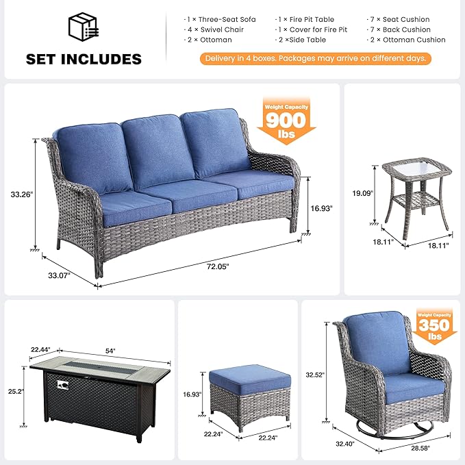 ovios 10-Piece Patio Furniture Set with Swivel Chairs Coffee Table, Outdoor Wicker Sofa with 54" Fire Pit Table, High Back Couch Modern Conversation Sets, Grey/Denim Blue