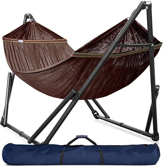 Tranquillo Universal Double Hammock with Stand Included for 2 Persons/Foldable Hammock Stand 600 lbs Capacity Portable Case - Inhouse, Outdoor, Camping, Brown by Tranquillo