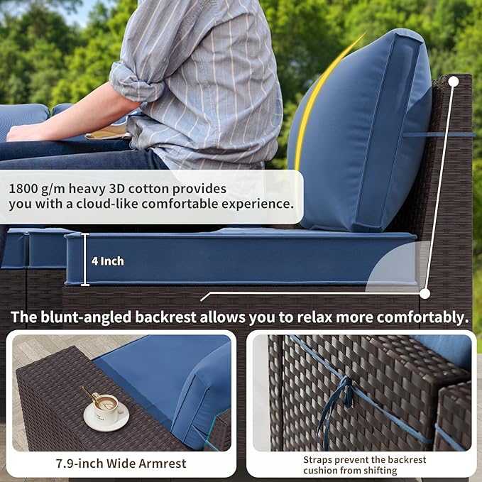 Gotland 7 Pieces Patio Furniture Set with 55000BTU Fire Pit Table, Wicker Patio Set with Wide Armrests 29.5'' High Backrest Thick Cushions 1 Coffee Table, Outdoor Furniture for Porch Deck Navy
