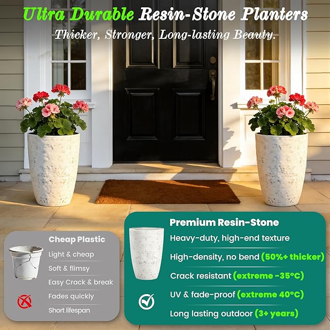 19.5" Resin Tall Planters for Outdoor Plants, Set of 2 Country White Large Flower Pots with Handmade Birch Bark Texture, Heavy-Duty and Weather-Resistant for Year Round Indoor Outdoor use