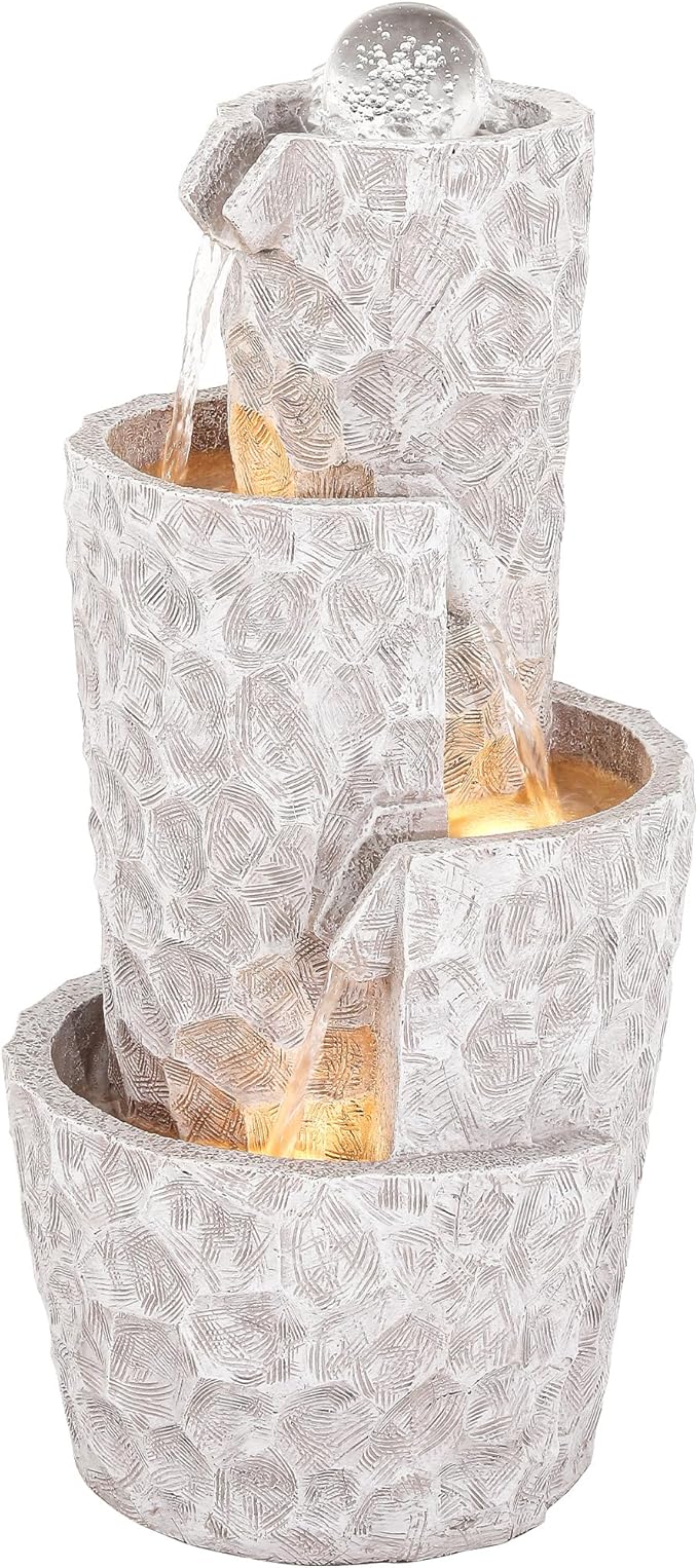 28" 4-Tier Twist Water Fountain with Rotating Crystal Ball, Exclusive Honeycomb Texture, Cascading Waterfalls, Weather-Resistant Outdoor Fountain Creates Tranquil Oasis for Garden Patio
