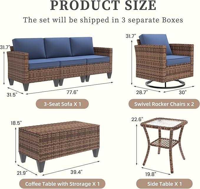 UDPATIO Patio Furniture Set, 6 Pieces Outdoor Furniture Sets with Rocking Swivel Chairs, Wicker Rattan Outdoor Conversation Set with Storage Table and Waterproof Covers for Backyard, Deck, Porch, Navy