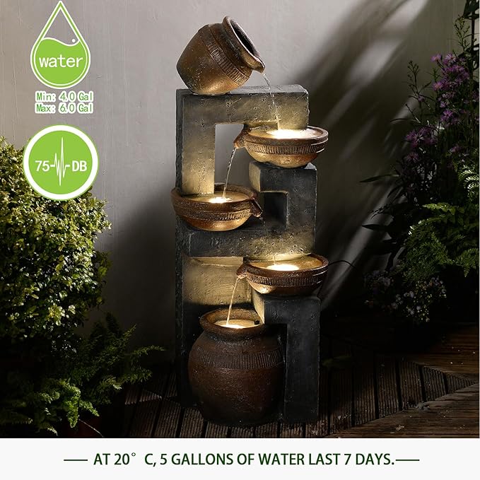 33.8" H Water Fountain Outdoor with LED Lights & Pump, 5-Tier Cascading Outdoor Fountain for Garden,Patio,Porch,Backyard,Home Art Decor (Brown)