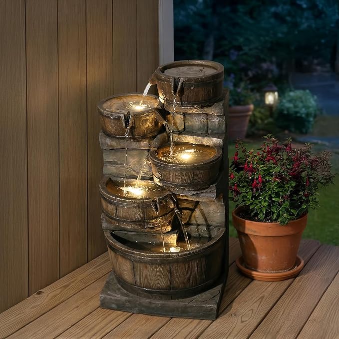 25.59" H Outdoor Water Fountain with LED Lights, 4-Tier Cascading Waterfall Fountain, Rustic Wood Barrel Resin Outdoor Water Fountain for Garden Patio Backyard Porch Indoor Decor