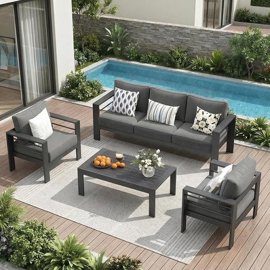 Solaste Aluminum Outdoor Patio Furniture Set, 5 Seats Patio Sectional Sofa with 5" Thick Cushion, Outdoor Patio Set with Coffee Table for Porch, Yard, Backyard, Deck, Grey by Solaste