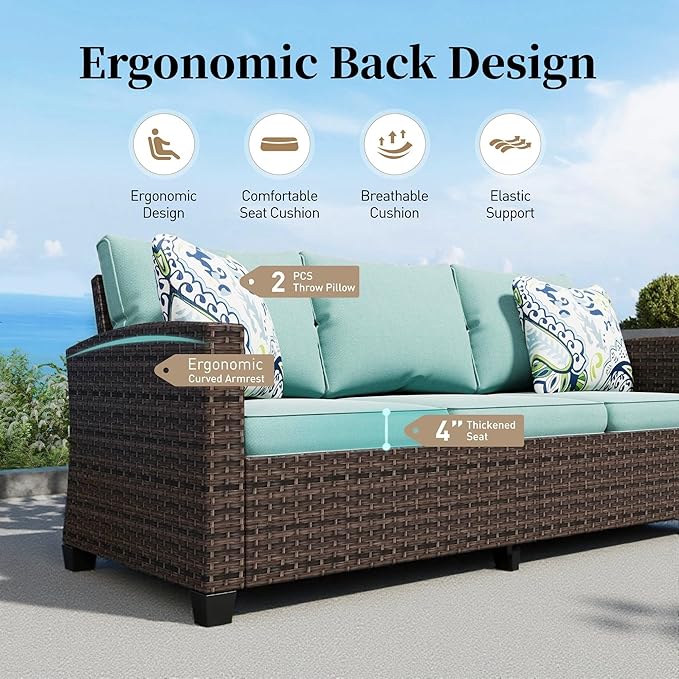 Swivel Glider Patio Furniture Set Outdoor Furniture Brown Wicker Rattan Patio Conversation Sets with Cushion Outside Sofa Set,8 Pieces with Rectangular Firepit Table,12 Seats,Blue