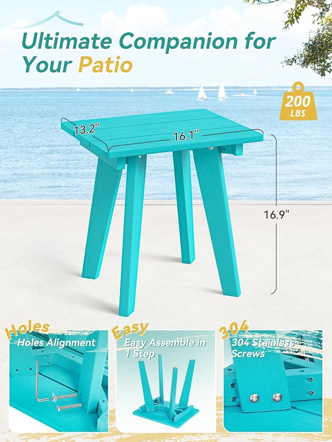 Outdoor Side Table, HDPE Weather Resistant Small Patio Table for Porch and Balcony, 200 LBS Capacity Heavy Duty Small Outdoor Table for Backyard and Pool, Easy Maintenance, Aruba Blue - Image 3