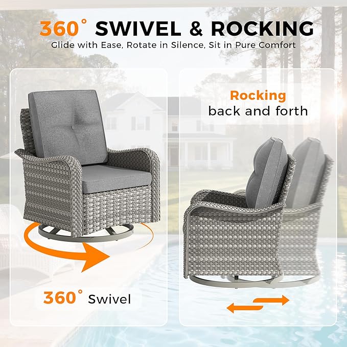 14-Seat Outdoor Wicker Patio Furniture Set with Fire Pit Table, Modular Rattan Sectional Sofa & 2 Swivel Rocking Chairs, 4" Thick Cushions, Rust-Resistant Frame,Gray