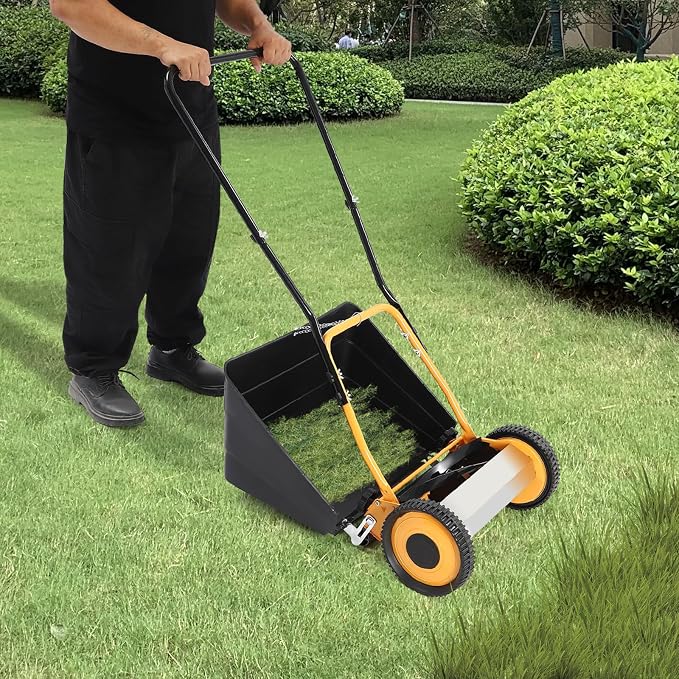14" Push Reel Lawn Mower with Grass Catcher, Manual 4-Blade Hand Mower, 0.47"-1.65" Adjustable Cutting Height, Lightweight & Eco-Friendly - Image 3