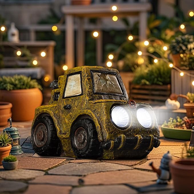 Garden Statue Outdoor Solar Car Decor with LED Light Vintage Resin Sculpture Truck Rustic Decoration for Lawn Patio Yard Gifts for Women