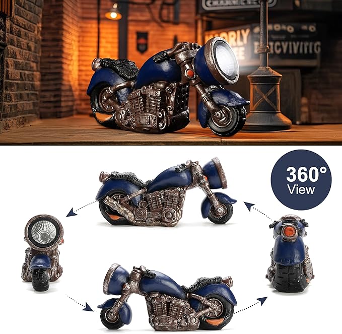 Solar Vintage Style Motorcycle Statue, Resin Rustic Retro Sculpture with LED Lights,Outdoor Art Decor for Garden Courtyard Lawn, Ideal Housewarming、Birthday Gift for Motorcycle Enthusiasts