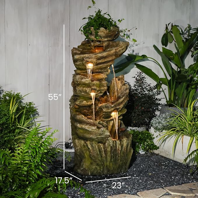 55" H Outdoor Water Fountain 7-Tiers Large Cascading Imitative Wood Natural Waterfall Outdoor Fountains Resin Floor Standing Foutain with LED Lights for Garden, Patio, Porch
