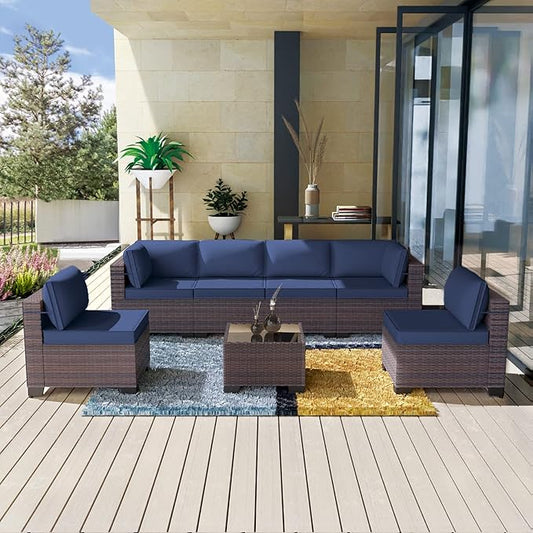 Kullavik 7 Pieces Outdoor Patio Furniture Set,Sectional Rattan Sofa Set Brown PE Rattan Wicker Patio Conversation Set with Tempered Glass Coffee Table and Washable Cushions Covers,Navy Blue