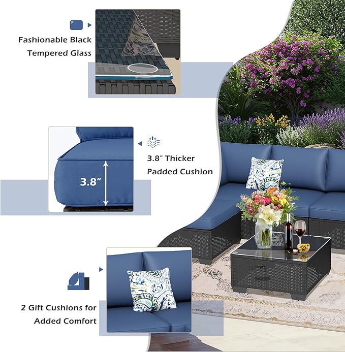U-MAX 7 Piece Outdoor Patio Furniture Set with Extra 43 Inch Fire Pit Table, PE Rattan Wicker Sofa Set, Outdoor Sectional Furniture Chair Set with Tea Table, Black Rattan&Dark Blue Cushion