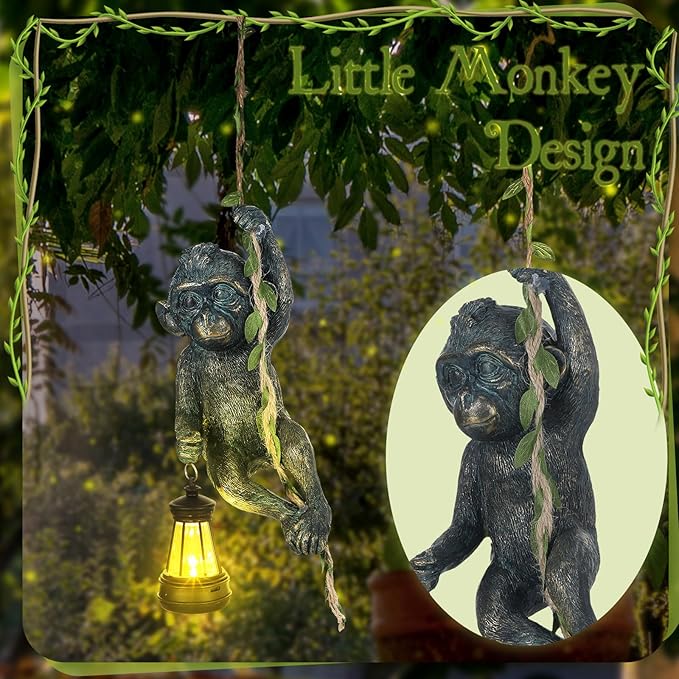 Solar Light Outdoor Monkey Statues Bronze 7.48 Inch Resin Chimpanzee Baby Monkey Climbing on Vine with LED Lantern Waterproof Hanging Figurine with Hook for Yard Garden Wall