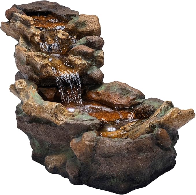 Alpine Corporation TZL288 Indoor/Outdoor Cascading Stone River Waterfalls Floor Fountain with LED Lights, 40 inches Long, Brown