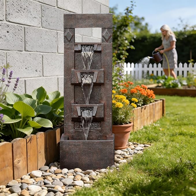 40.9" H 4-Tier Indoor/Outdoor Modern Water Fountain with Led Lights and Pump, Outdoor Freestanding Cascading Waterfall - Suitable for Garden, Patio, Porch, Yard and Outdoor Decor (Brown)