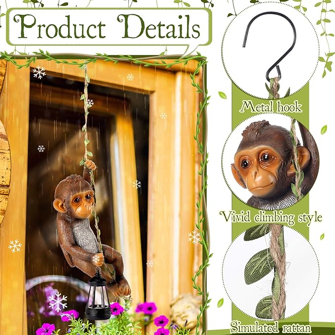 Solar Light Outdoor Monkey Statues Brown 13.78 Inch Resin Chimpanzee Baby Monkey Climbing on Vine with LED Lantern Waterproof Hanging Figurine with Hook for Yard Garden Wall