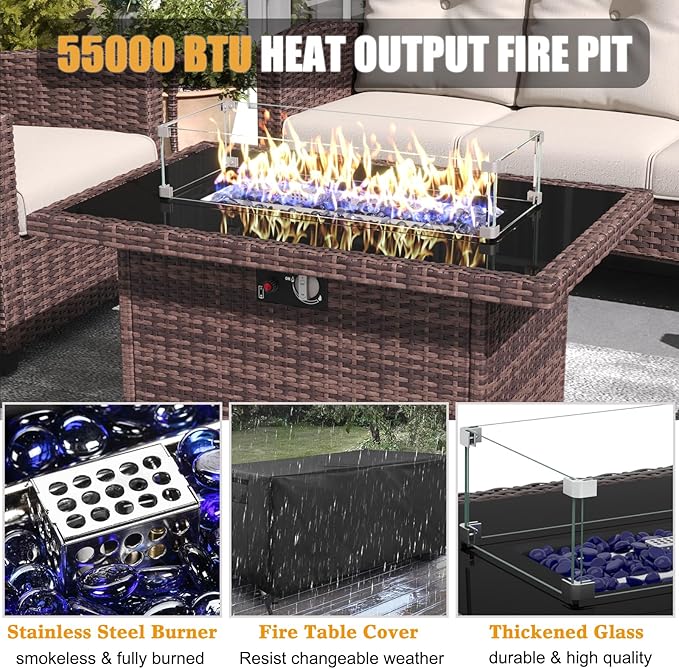 LayinSun 5 Pieces Patio Furniture Set with Swivel Chairs, Rattan Wicker Rocking Glide Chairs with 44" Propane Gas Fire Pit Table Conversation Set