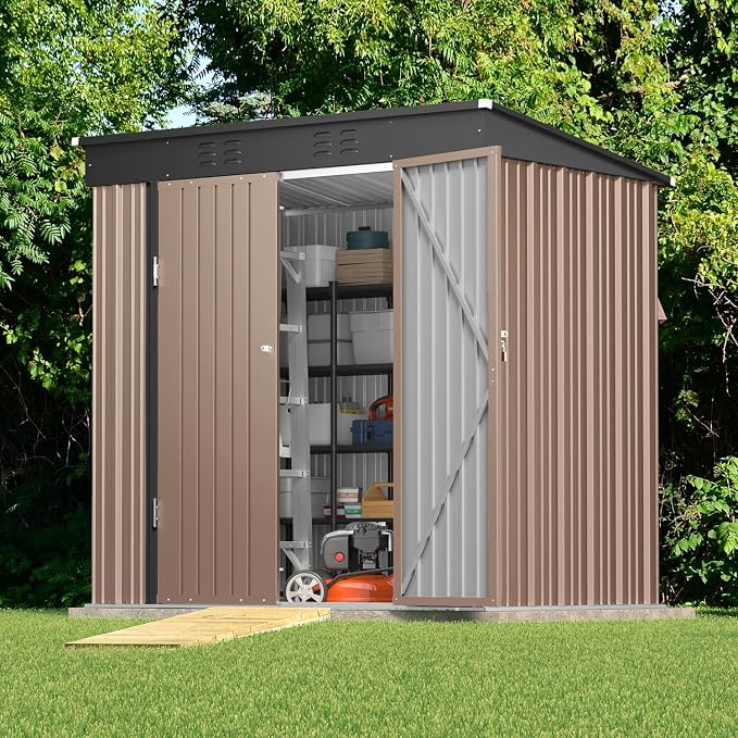 Gizoon 6' x 4' Outdoor Storage Shed with Double Lockable Doors, Anti-Corrosion Metal Garden Shed, Waterproof Shed Outdoor Storage Clearance for Backyard Patio Lawn-Brown - Image 2