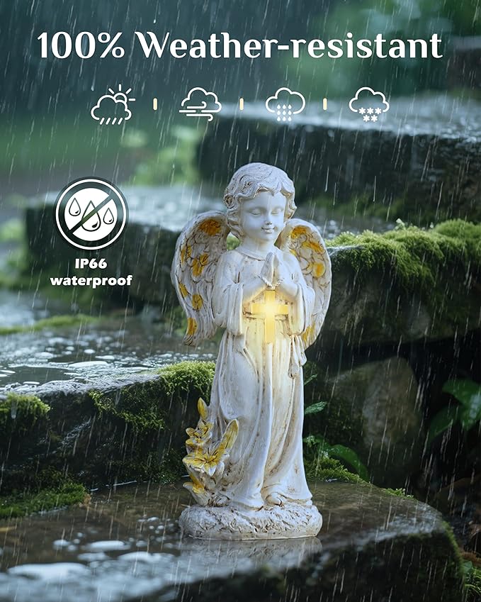 Solar Angel Statues for Outside, 12" Easter Garden Decoration, Solar Angel Figurines w/Lighted Cross for Cemetery, Yard, Pathway, Lawn Decor, Outdoor Guardian Angel for Memorial Gardens