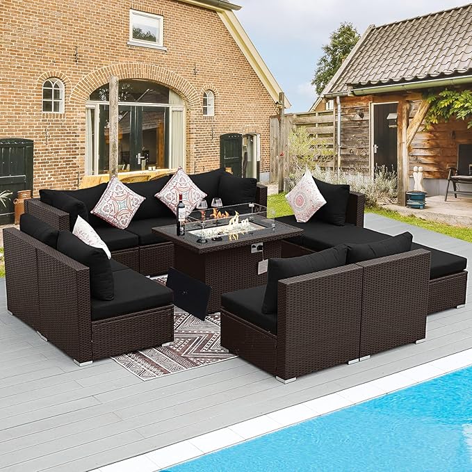 BULEXYARD 11 Piece High Back Outdoor Furniture Set with Firepit, Cozy Patio Conversation Set with Ottoman Modular, Extra Wide Deep 10-Seats Sectional Couch Sofa for Yard, Brown Rattan & Black Cushion