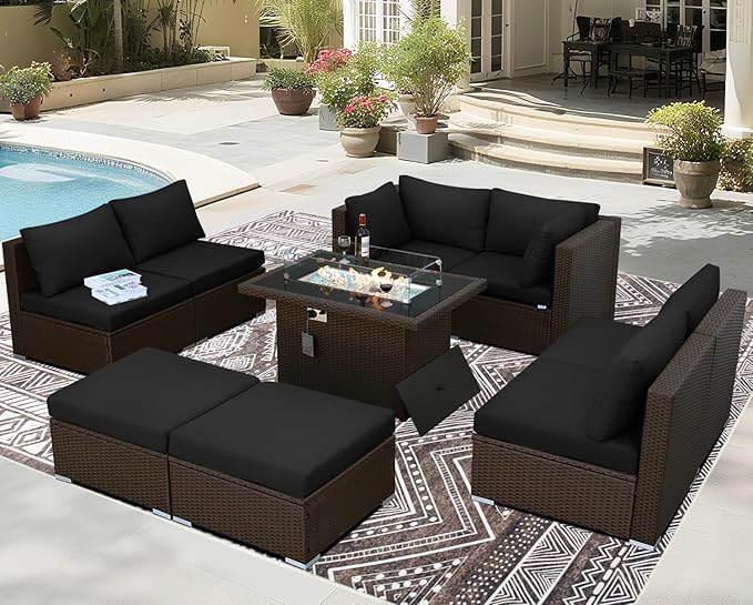 BULEXYARD 9 Piece Highback Patio Furniture Set with Fire Pit Table, Modern Modular Outdoor Sectional Couch Sofa with Ottoman, 8-Person Backyard Seating for Outside, Deck, Brown Wicker & Black Cushion
