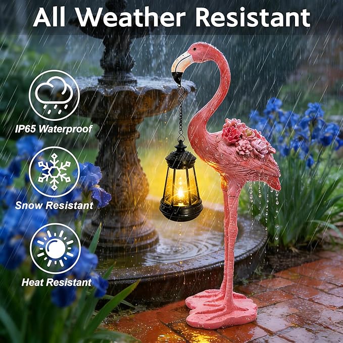Flamingo Solar Garden Statue, 18.9 Inch Flamingo Figurine with Hanging Solar Lanterns, Outdoor Garden Decor Tropical Sculpture Statues for Patio Yard Porch, Birthday Gifts for Mom Women Mother's Day