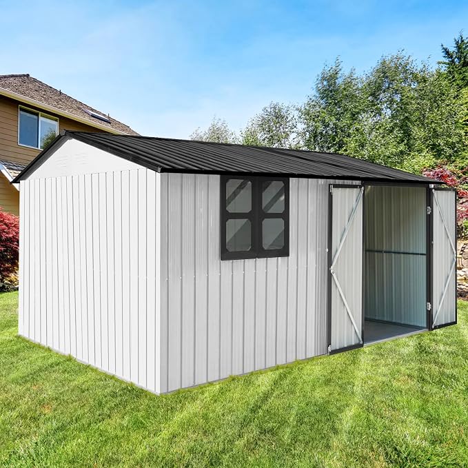 10x12 FT Outdoor Storage Shed, Large Metal Garden Shed with 4-pane Window, Outside Tool Shed with Lockable Hinged Door & 4 Air Vents, Waterproof Storage Building for Backyard, Patio, Lawn, White+Black - Image 7