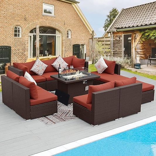 BULEXYARD 11 Piece High Back Outdoor Furniture Set with Firepit, Elegant Patio Conversation Set with Ottoman Modular, Extra Wide Deep 10-Seats Sectional Couch Sofa for Yard, Brown Rattan & Red Cushion