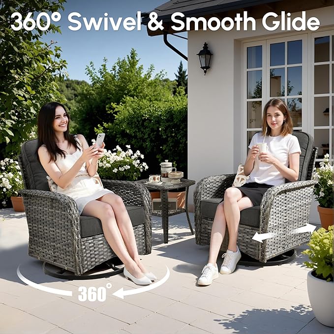 Wicker Rocking Chair Swivel Chairs - 3 Piece Rocker Glider Patio Chairs Set Rattan Rocking Chair for Outdoor Porch Deck Garden Backyard,Black
