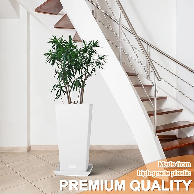 Elevens Outdoor Planter Larger Flower Pots Indoor Taper Garden V-Shape Tall Planters 24 inches Garden Pots Planter - White（2 Packs）