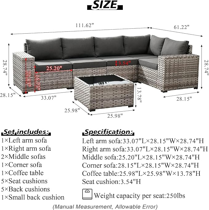 HOOOWOOO Modular Patio Outdoor Sectional Furniture Set,6 Piece Wicker Conversation Sofa Set,Out Door Couch Set with Wide Arm for Outside All Weather(Orange Red)