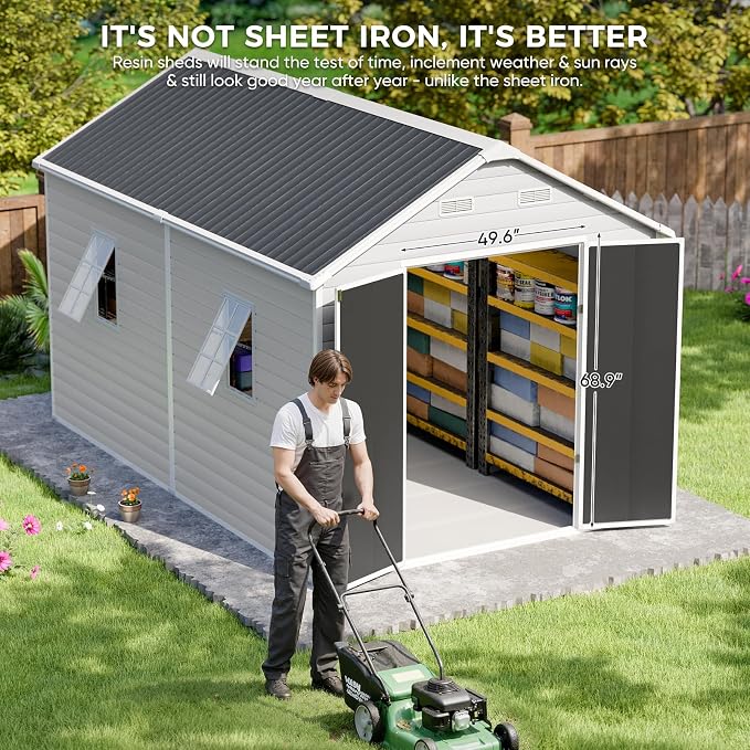 CDCASA Resin Storage Shed 8x12 FT, Waterproof Outdoor Sheds Heavy Duty Aluminum Frame Outside Plastic Tool Shed with Adjustable Openable Windows, Lockable Door for Backyard, Garden, Lawn, Dove Grey - Image 4