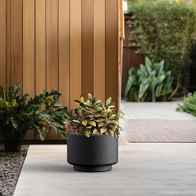 Kante 12.6 Inch Dia Concrete Planter, Round Pedestal Design Garden Pot for Indoor Outdoor Plants, Modern Flower Pot with Drainage Hole and Rubber Plug, Black